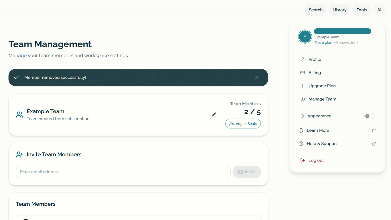 AEC Assistant screenshot: Manage Team