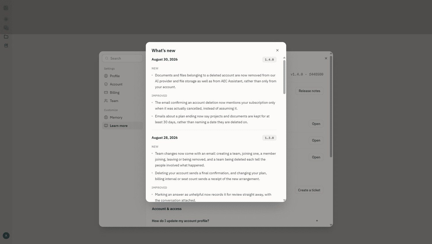 The What's new release notes window in AEC Assistant Settings showing versions 1.4.0 and 1.3.0