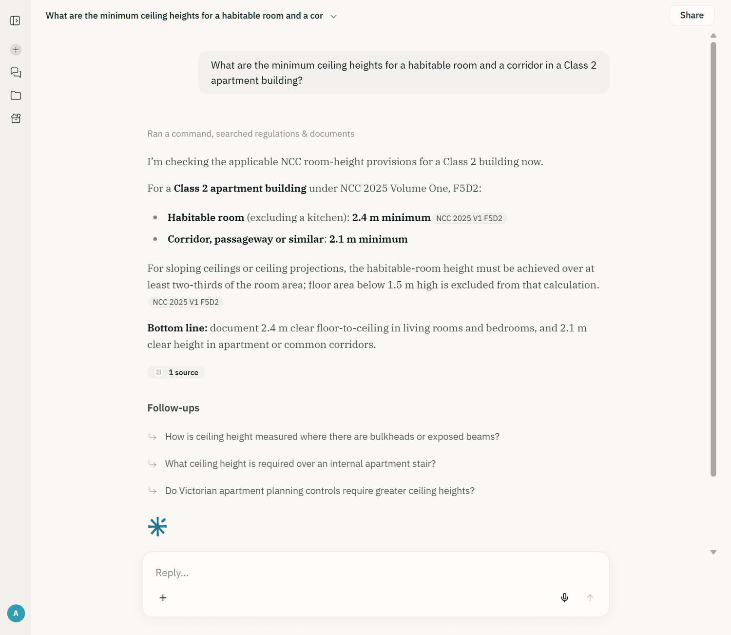 An AEC Assistant answer on minimum ceiling heights for a Class 2 apartment building, citing NCC 2025 Volume One F5D2 with source chips and suggested follow-ups