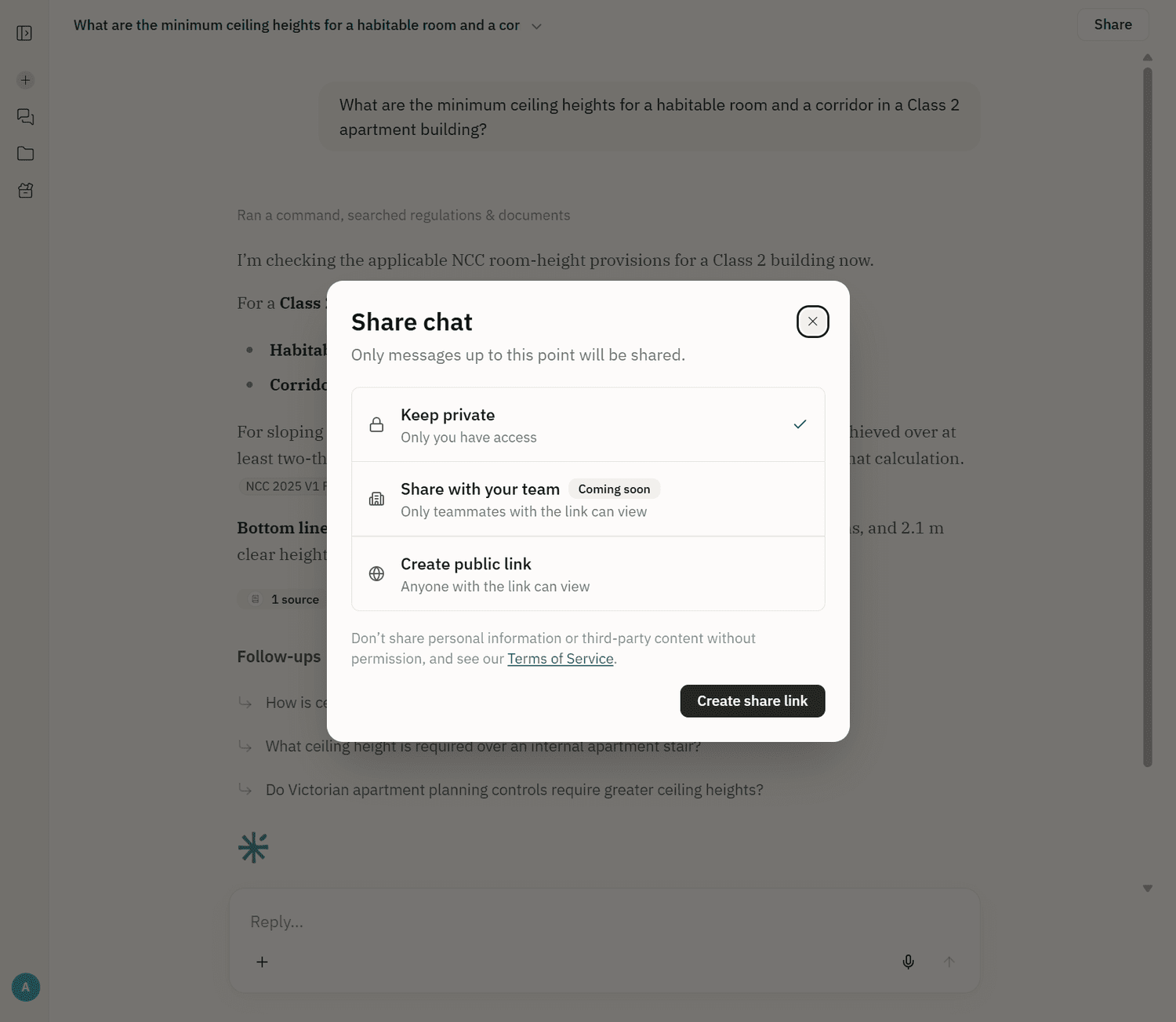 The Share chat dialog in AEC Assistant with the keep private and create public link options