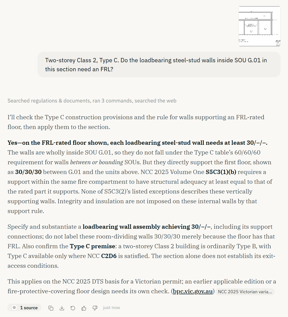 An AEC Assistant answer to a question about loadbearing steel-stud walls inside a sole-occupancy unit, asked with a section drawing attached. It concludes the walls need at least 30/–/– under NCC 2025 Volume One S5C3(1)(b), and asks for the Type C premise to be confirmed because a two-storey Class 2 building is ordinarily Type B.
