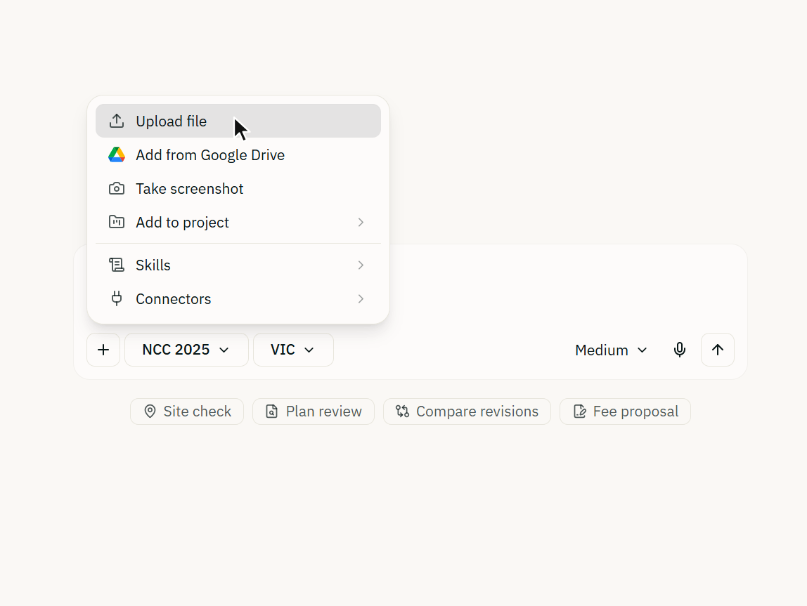 Animation in AEC Assistant: a section drawing is attached from the add menu, a question about the loadbearing walls is typed and sent, and the effort dial beside Send changes from Medium to High.