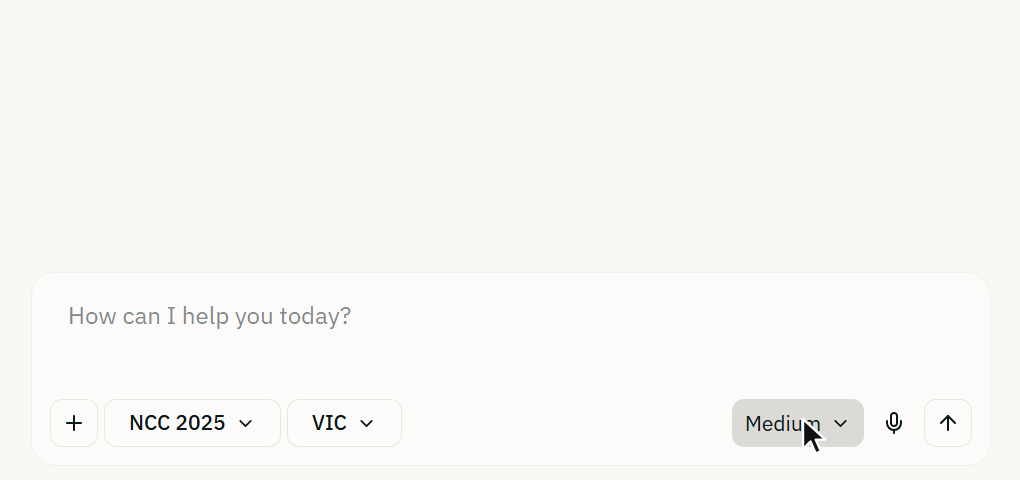 Animation in AEC Assistant: the effort dial beside Send opens to show Low, Medium, High and Extra, each with a line saying what it is for, and High is chosen.