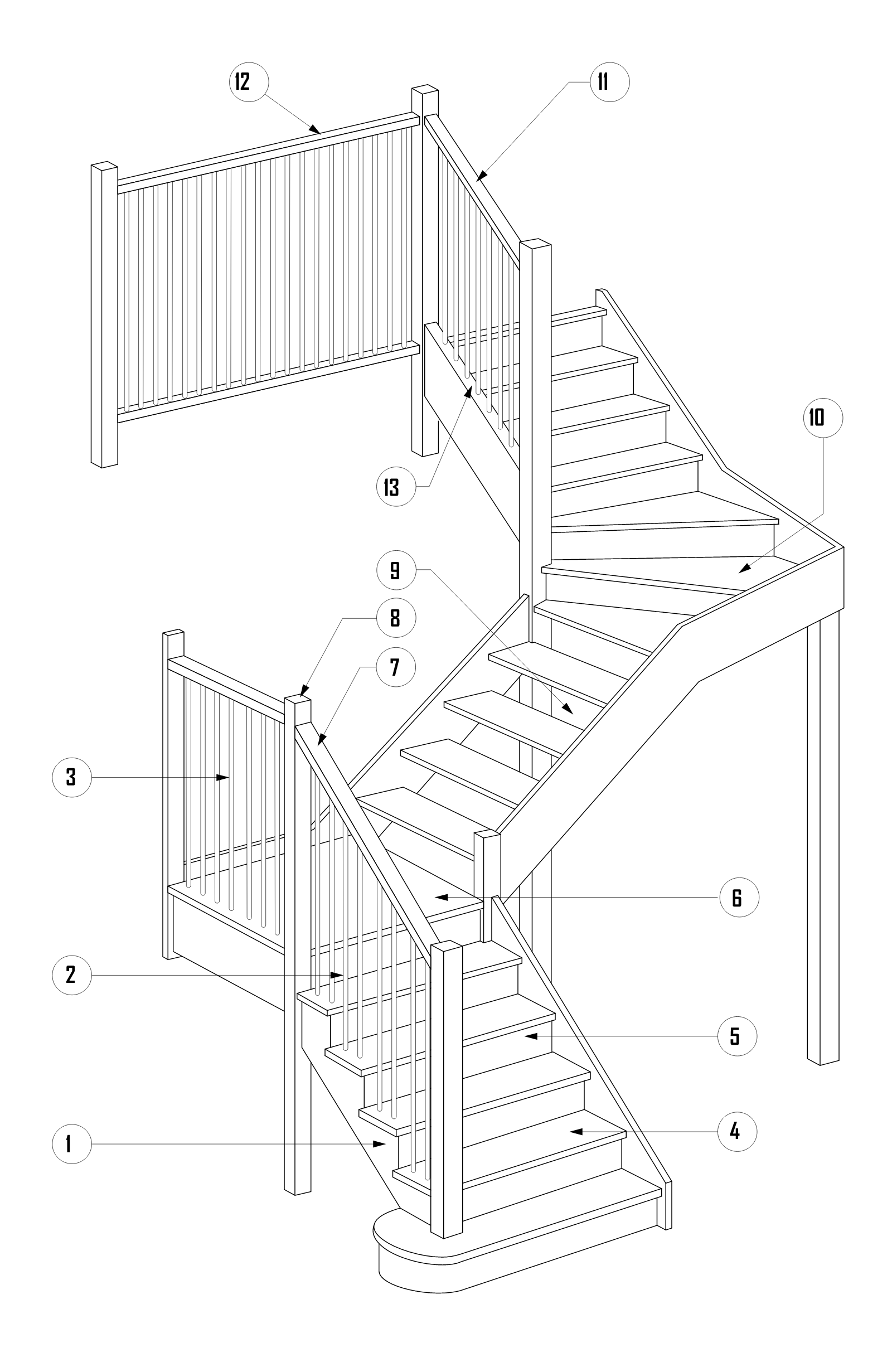 Housing Provisions Figure 11.3.2, typical stairway and barrier members: a labelled house stair naming the stringer, baluster, barrier, tread, riser, landing, handrail, newel post, open riser, winders and landing barrier