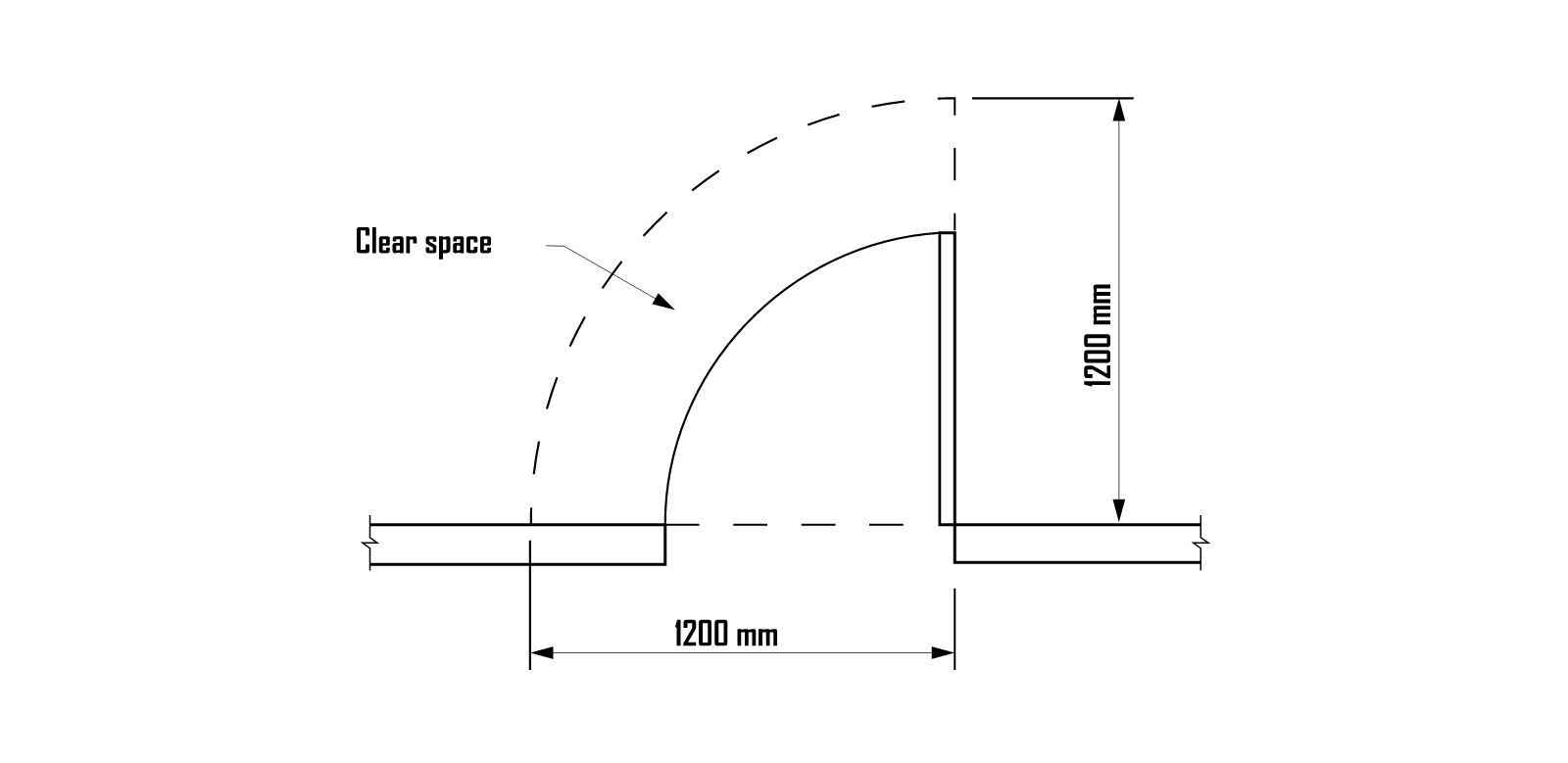 NCC Figure F4D8: plan of a sanitary compartment doorway with an inward-opening door, showing the 1200 mm clear space measured from the door leaf to the pan side and 1200 mm along the door swing
