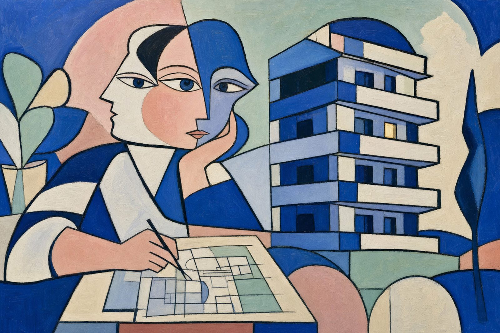 A painting of an architect at a drawing board, a plan under her pencil and a stepped apartment building rising behind her