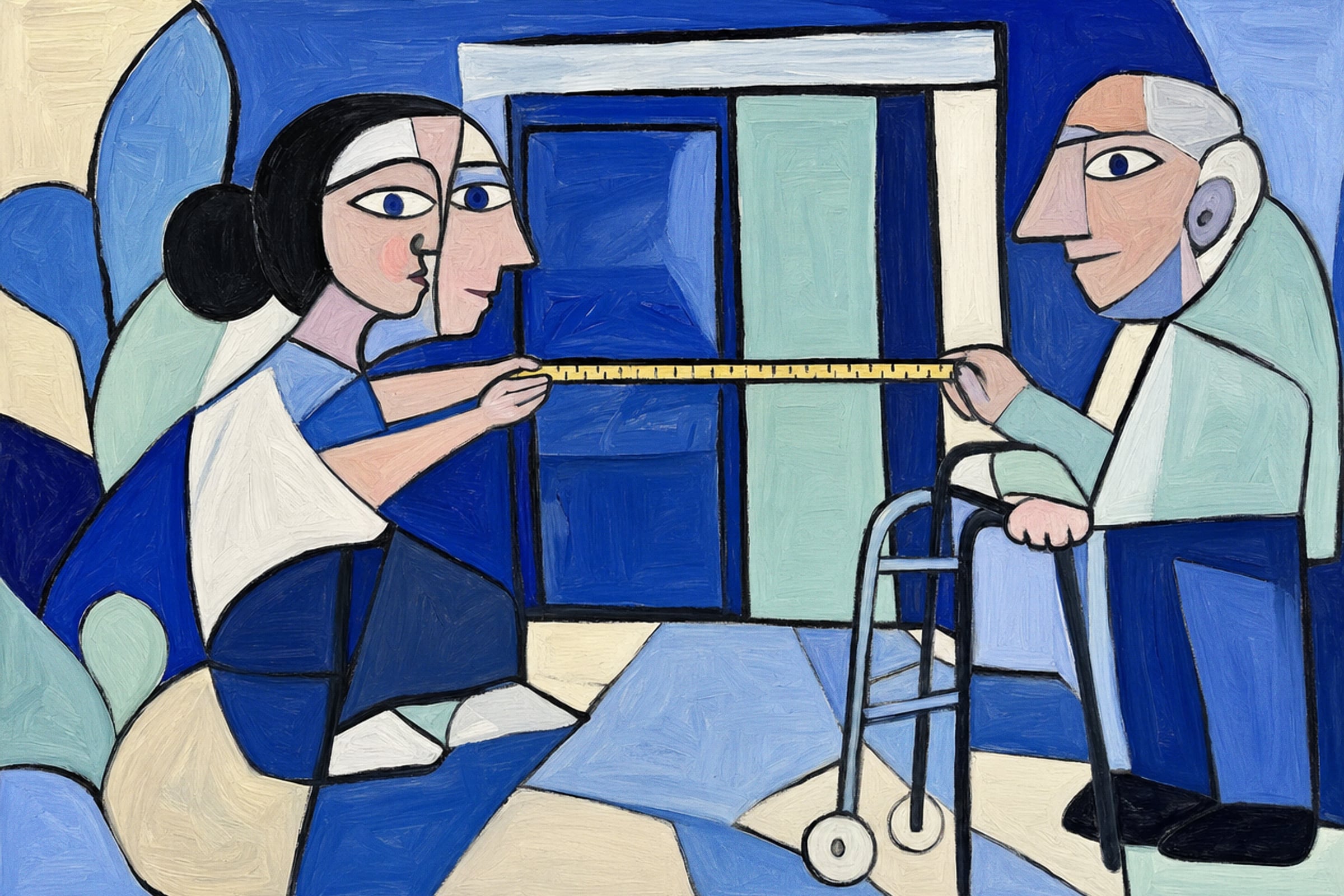 An occupational therapist and an older man with a walker hold a tape measure across the width of a wide front doorway, painted in late synthetic cubism