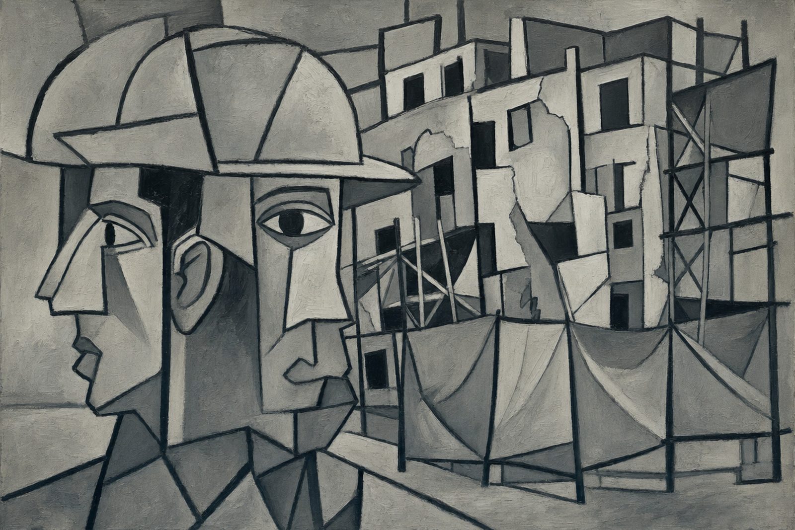 A grey painting of two figures in hard hats in profile, with scaffolded buildings and shade cloth behind them