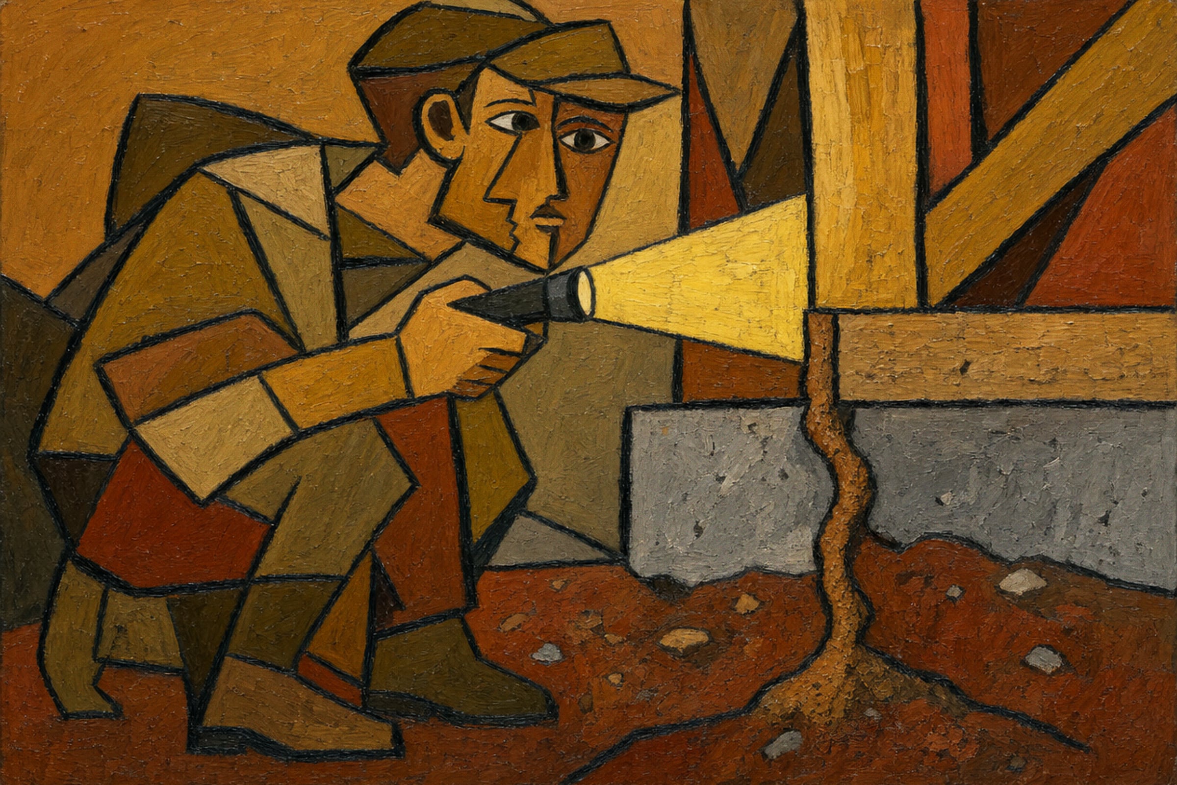 A building inspector shines a torch on a termite mud tube climbing the edge of a concrete slab to the timber frame, painted in late synthetic cubism