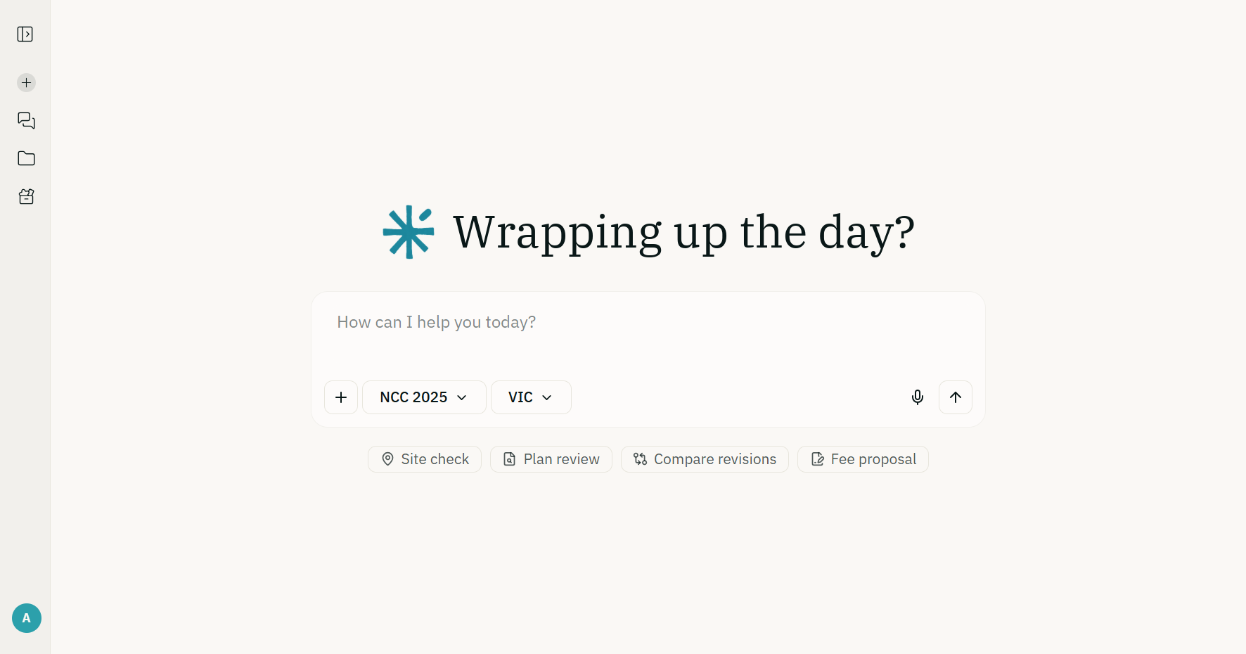 The chat composer with the four guided actions: site check, plan review, revision compare and fee proposal