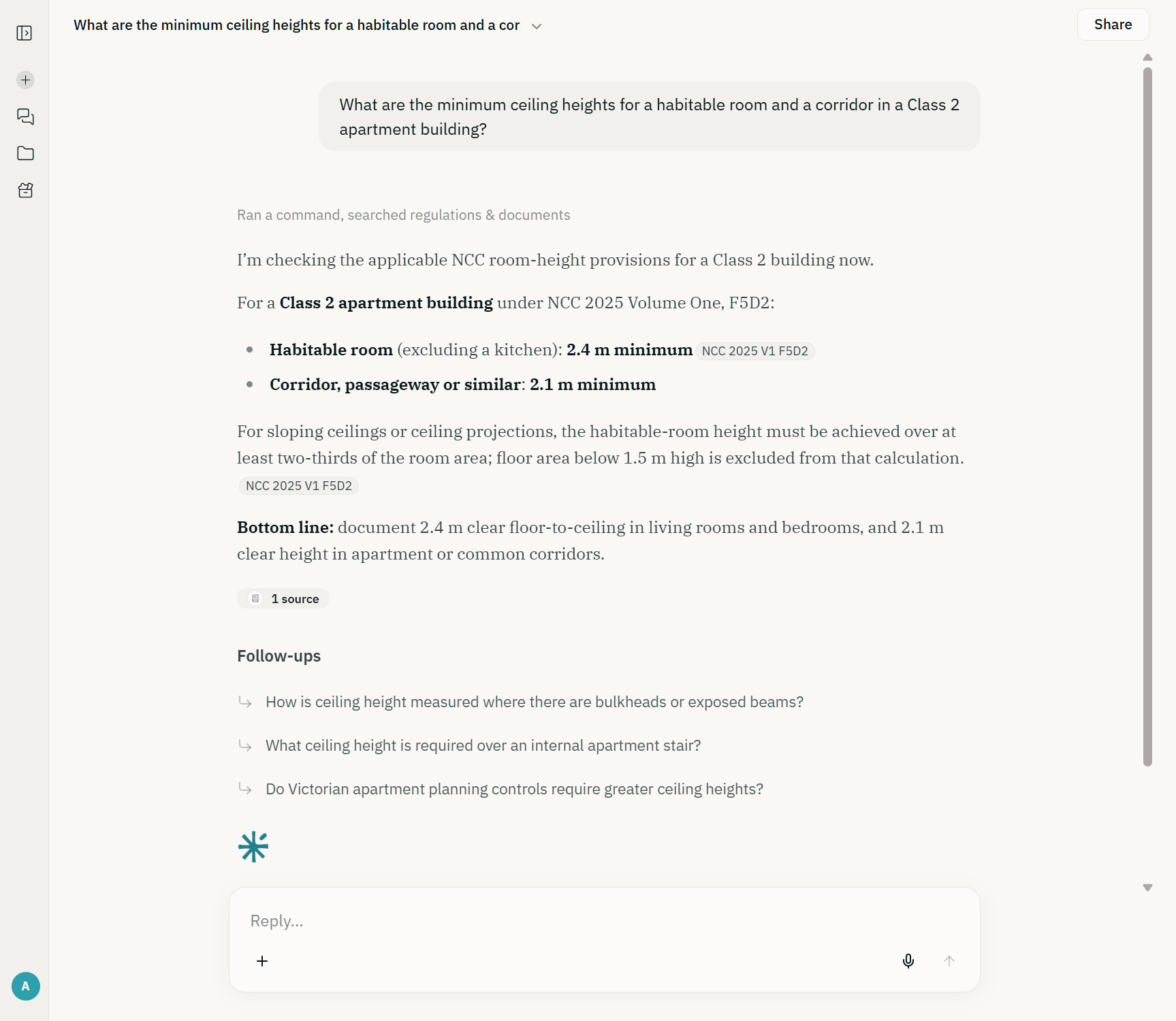 An answer on minimum ceiling heights under NCC 2025, with each figure followed by a clause citation