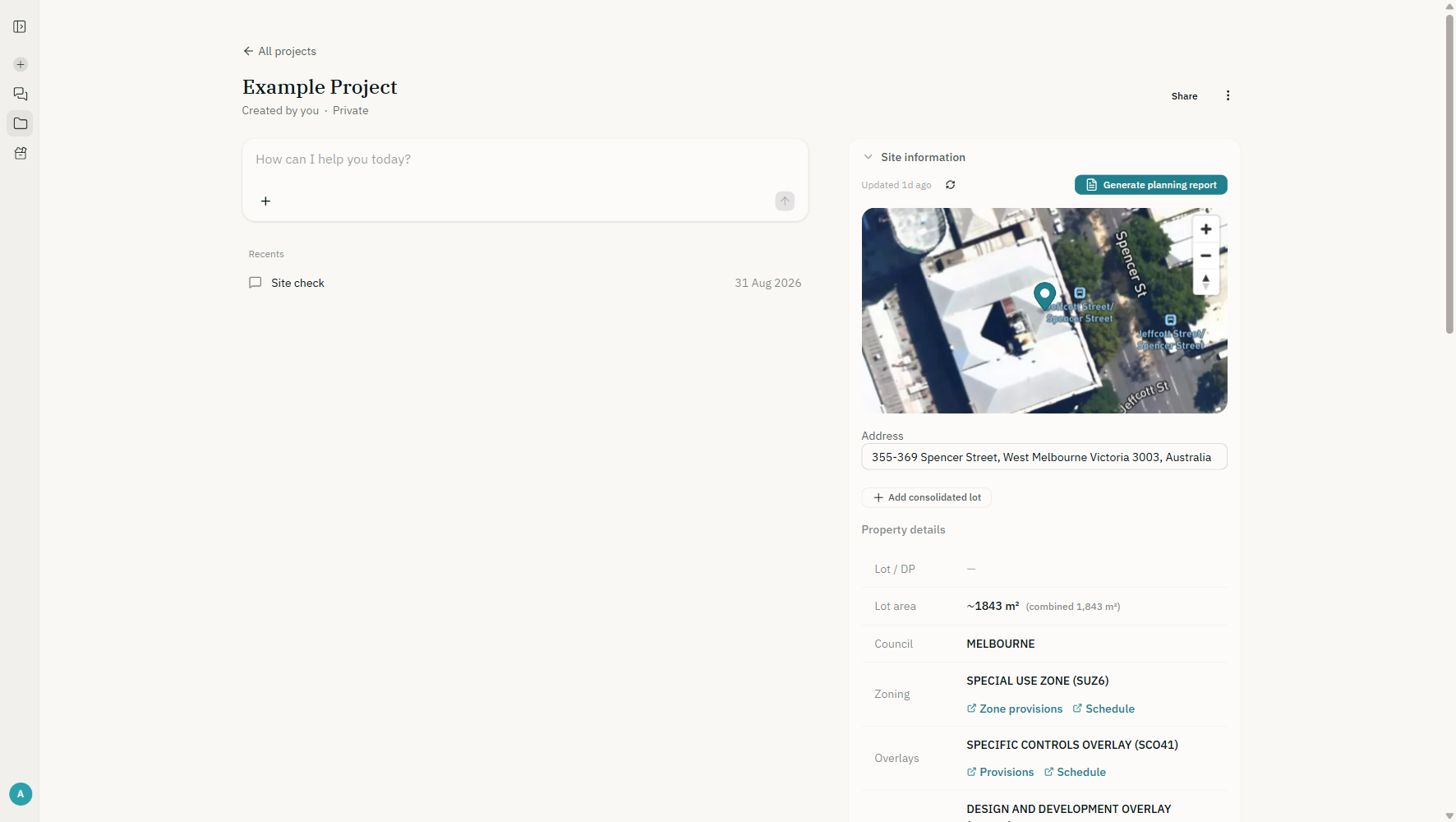 A project page showing the satellite view, zoning, overlays and climate zone for an address