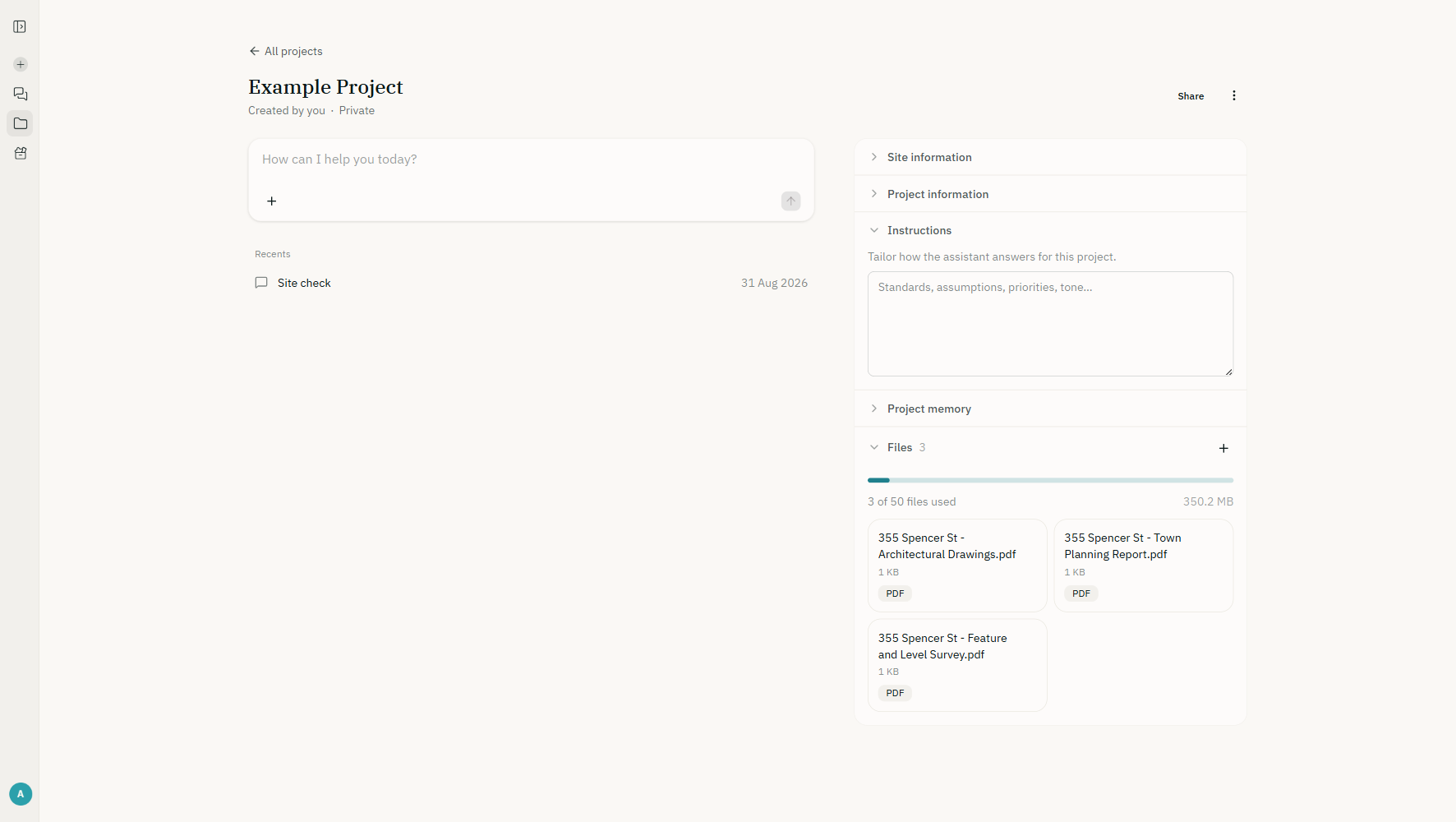 A project's files list beside its project memory note