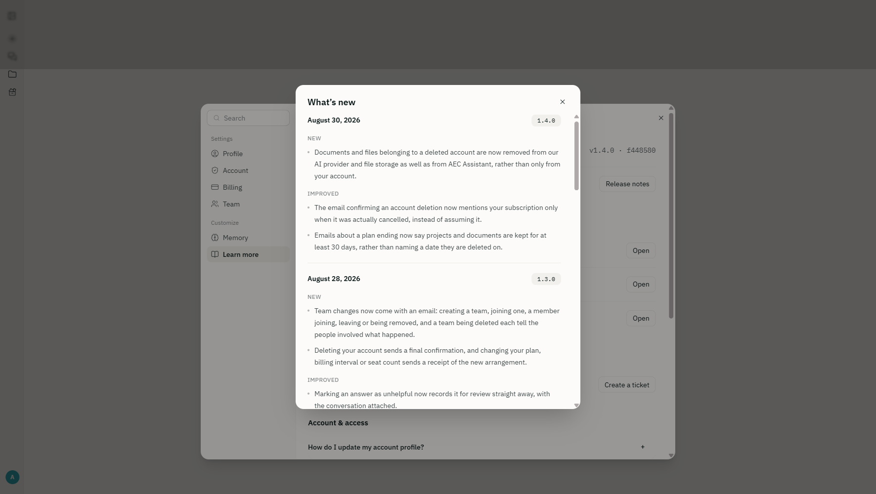The release notes panel inside AEC Assistant's settings