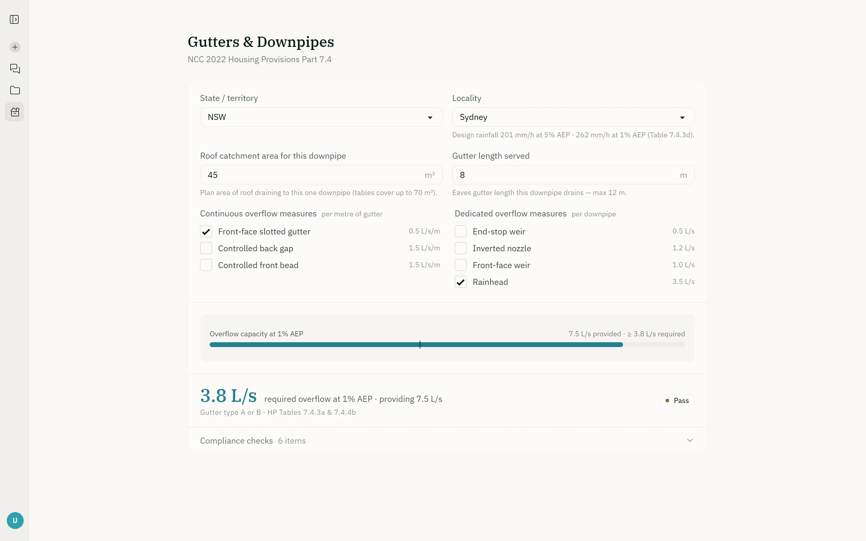 The gutters and downpipes calculator: a 45 square metre roof in Sydney with overflow measures, gauged against the Housing Provisions Part 7.4 tables