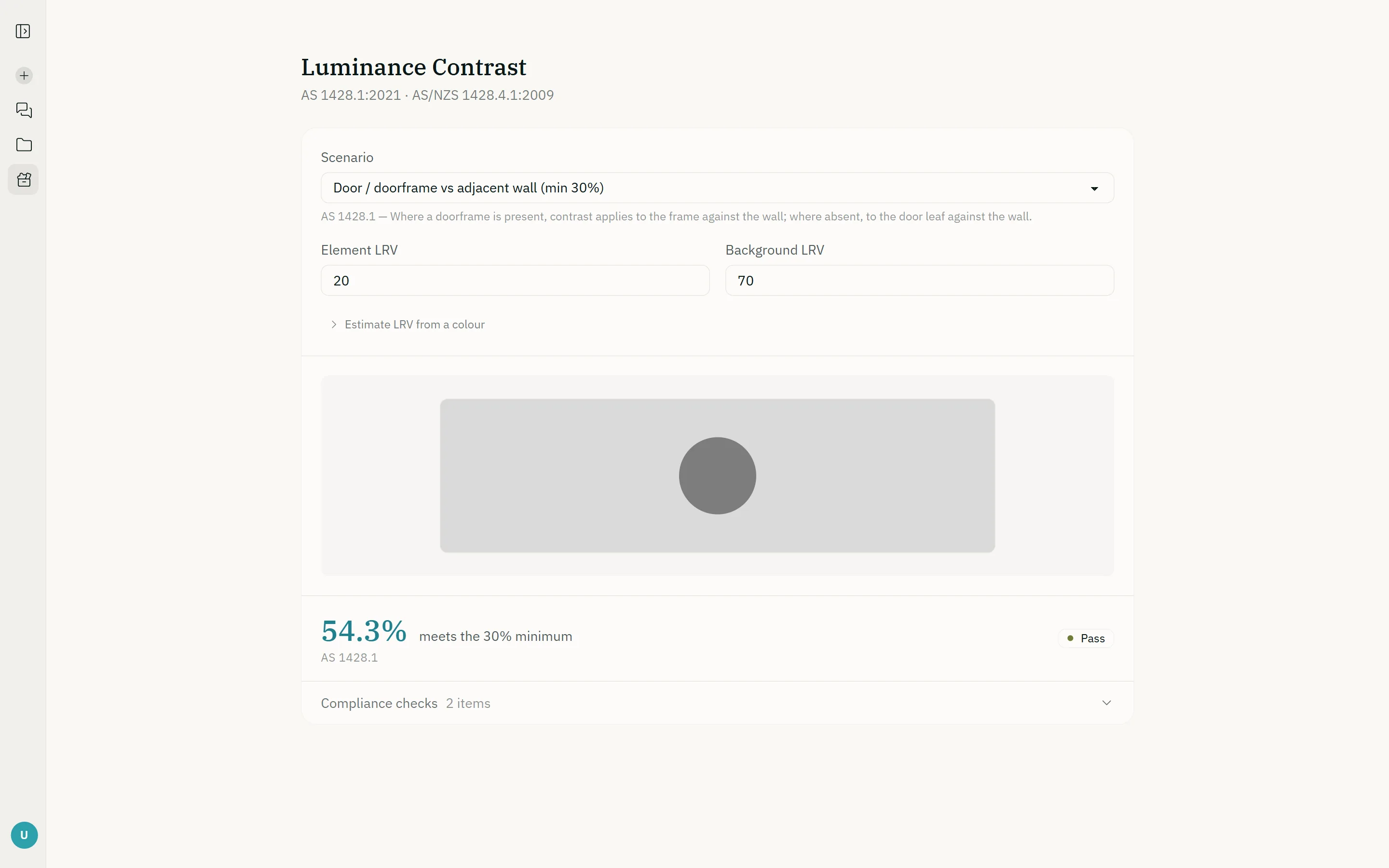 The luminance contrast calculator comparing a door frame of LRV 20 with a wall of LRV 70 and reporting the contrast against the 30% minimum