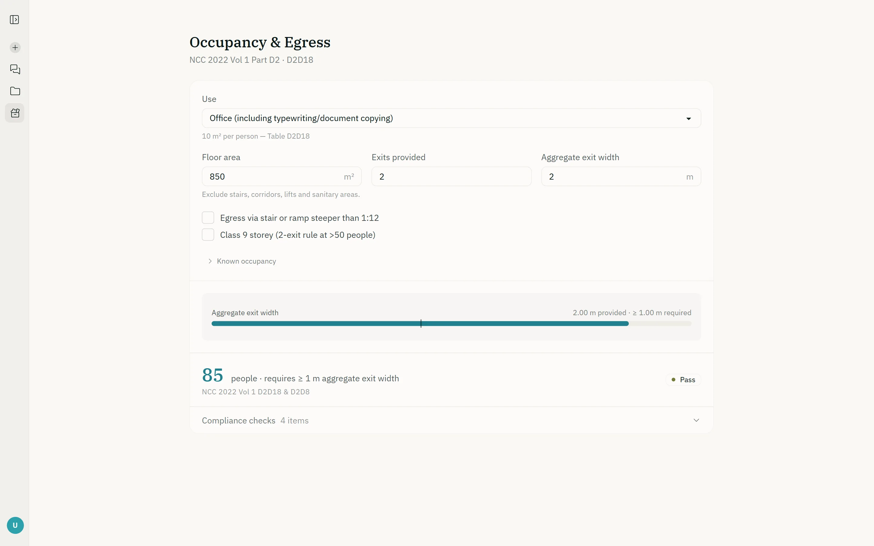 The occupancy and exits calculator: an office of 850 square metres giving 85 people, two exits and a 2 m aggregate width checked against Part D2