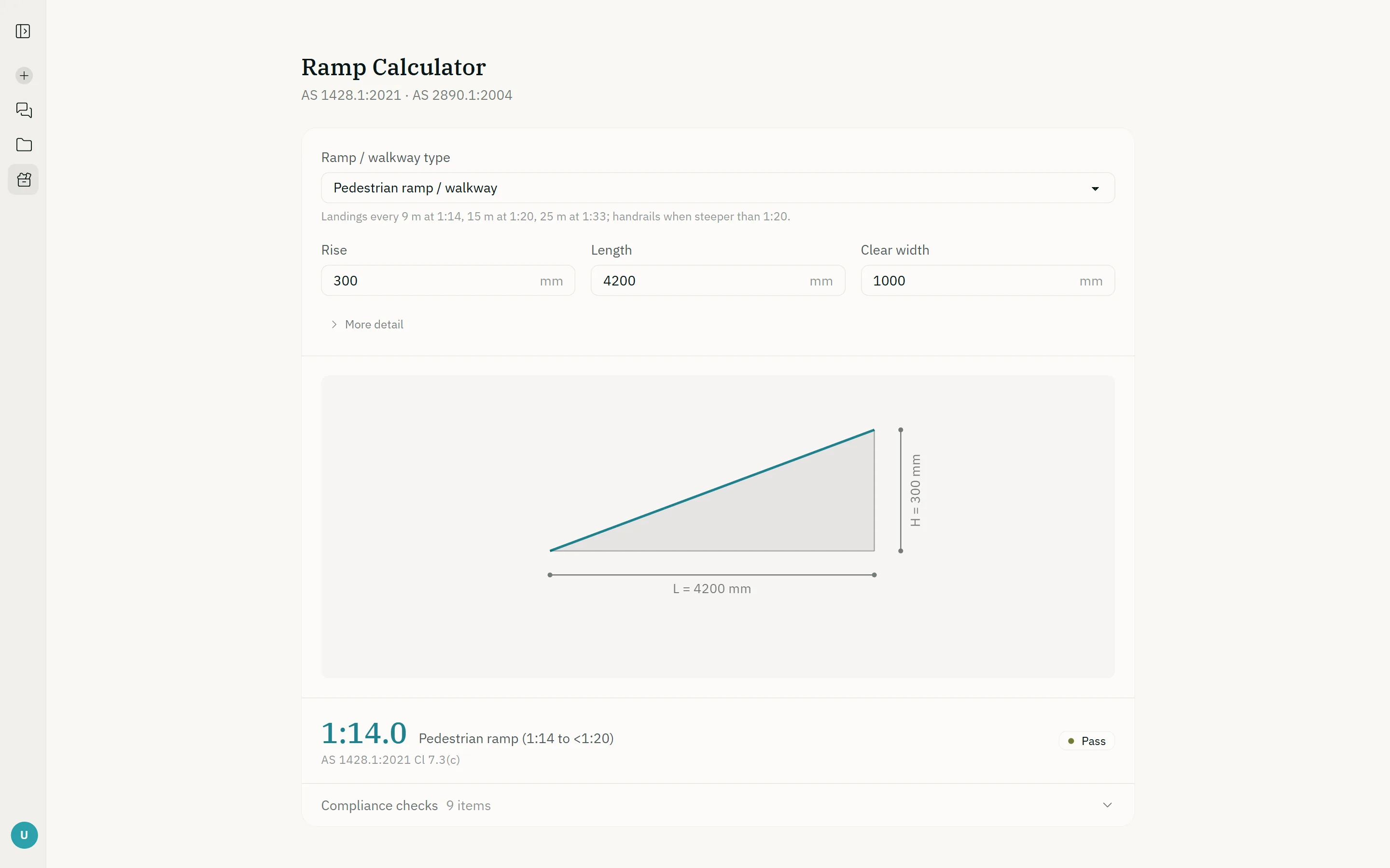 The ramp calculator: a 300 mm rise over 4.2 m drawn as a section, the 1:14 gradient checked against AS 1428.1:2021