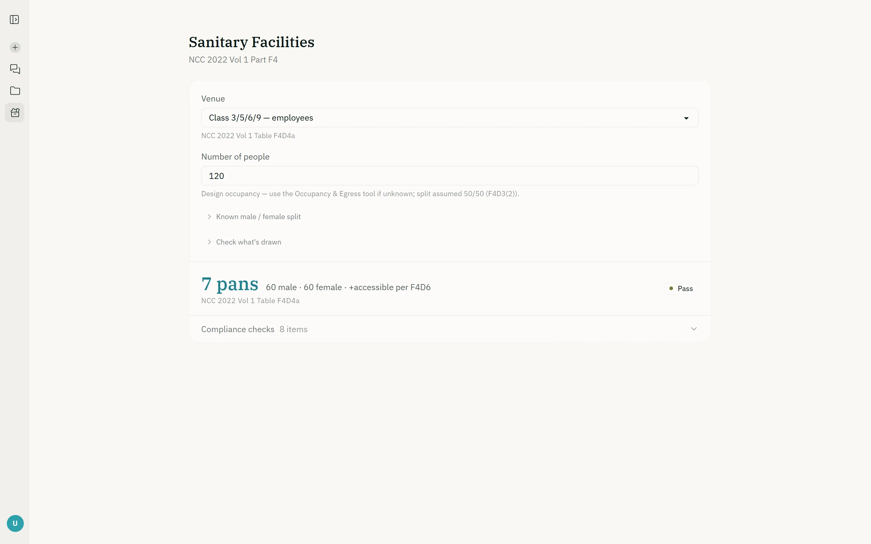 The sanitary facilities calculator: pans, urinals, basins and accessible facilities required for 120 employees, compared with what is provided