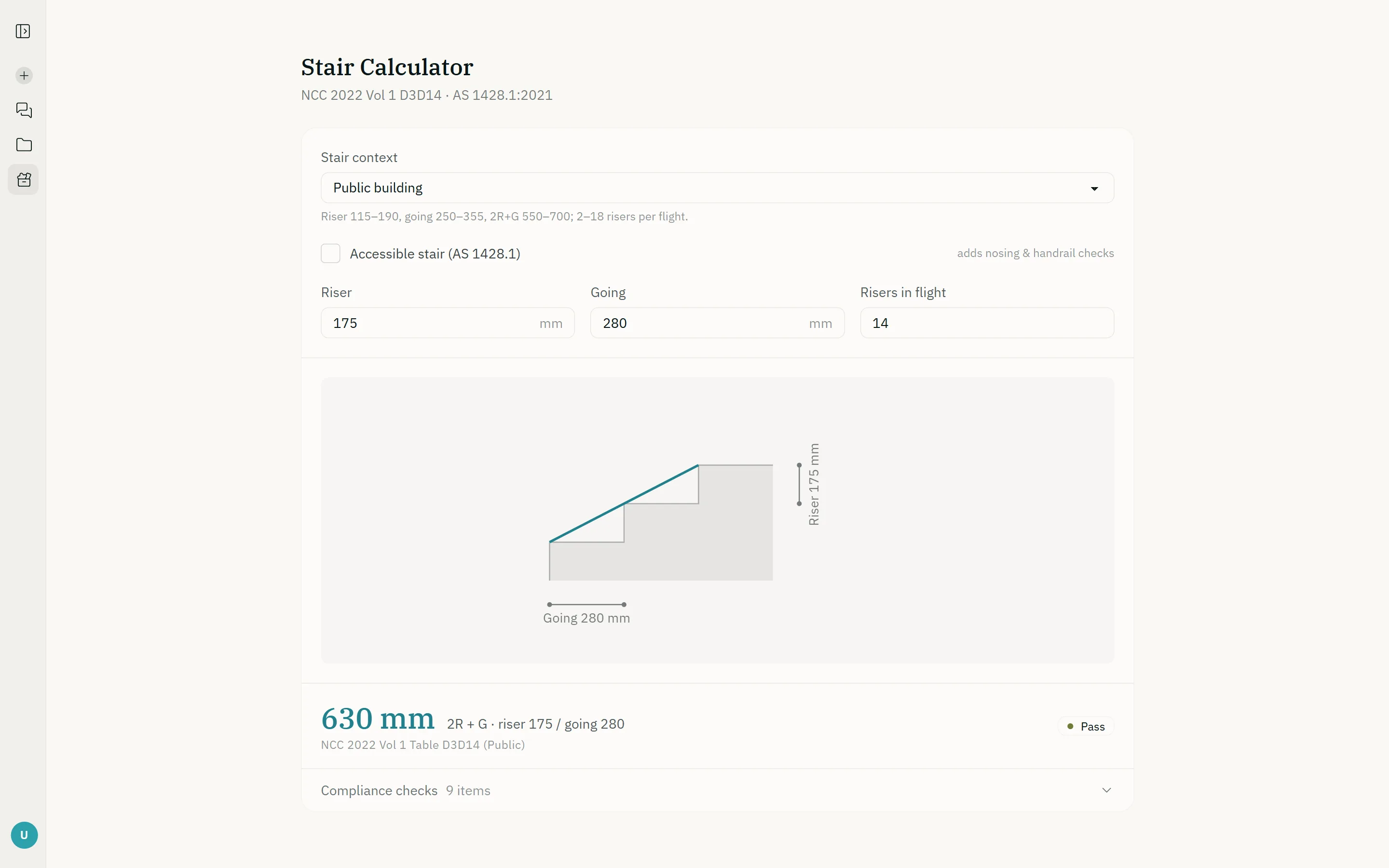 The stair calculator drawing a 175 mm riser and 280 mm going, 630 mm marked Pass