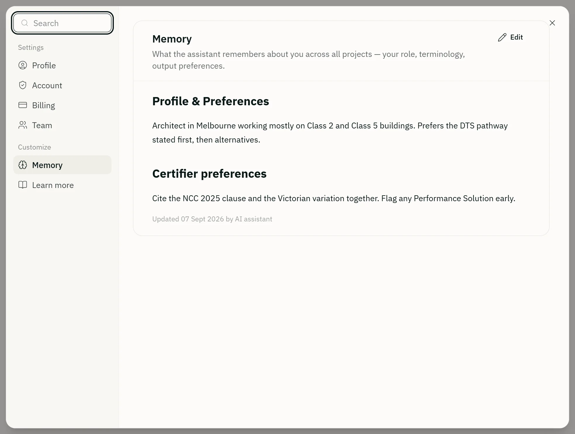 Settings, Memory: the notes the assistant keeps, with an Edit button