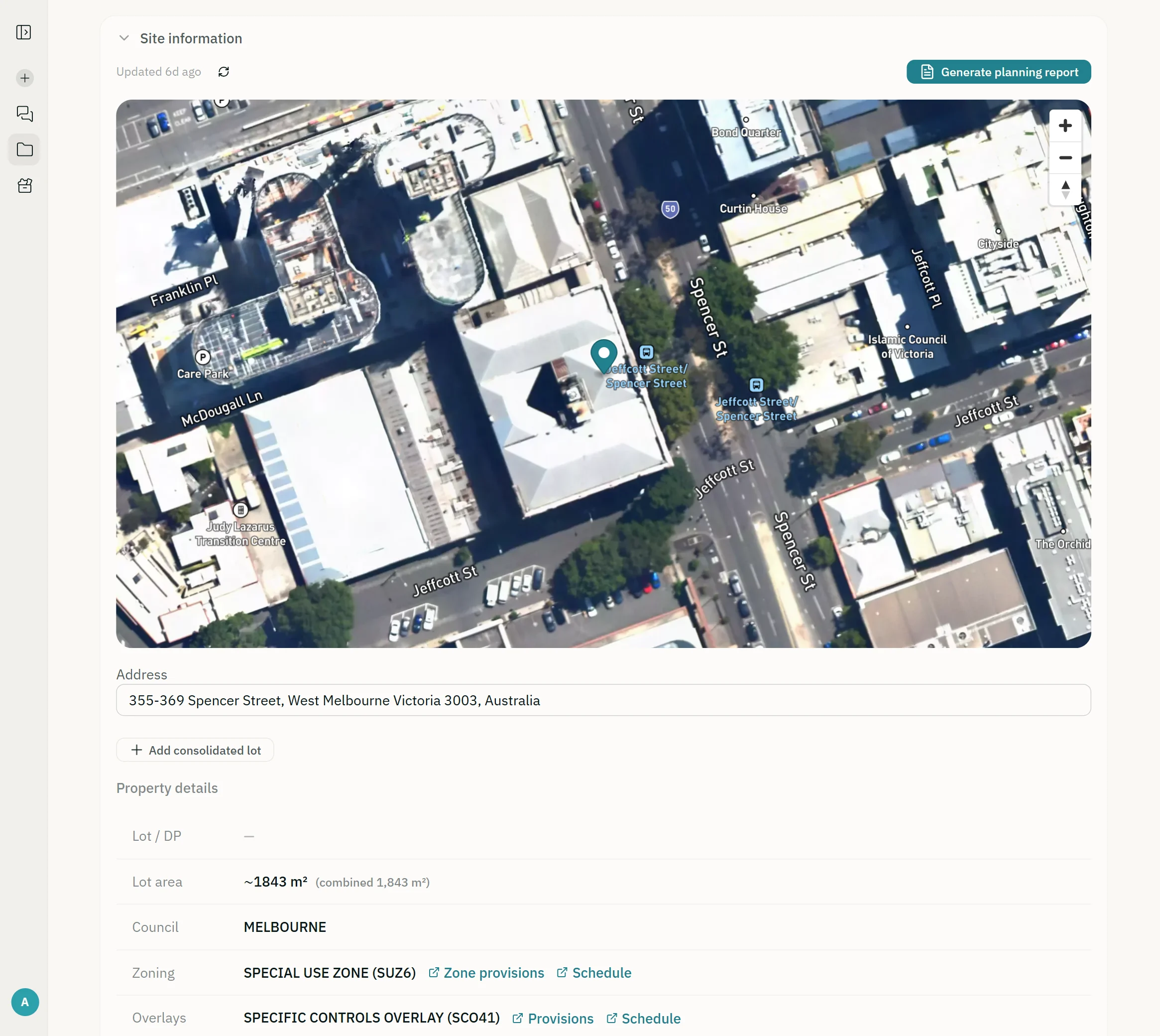 A project's site information: the satellite view of the site at 355-369 Spencer Street, its address, lot area, council, zoning and overlays fetched from state planning data